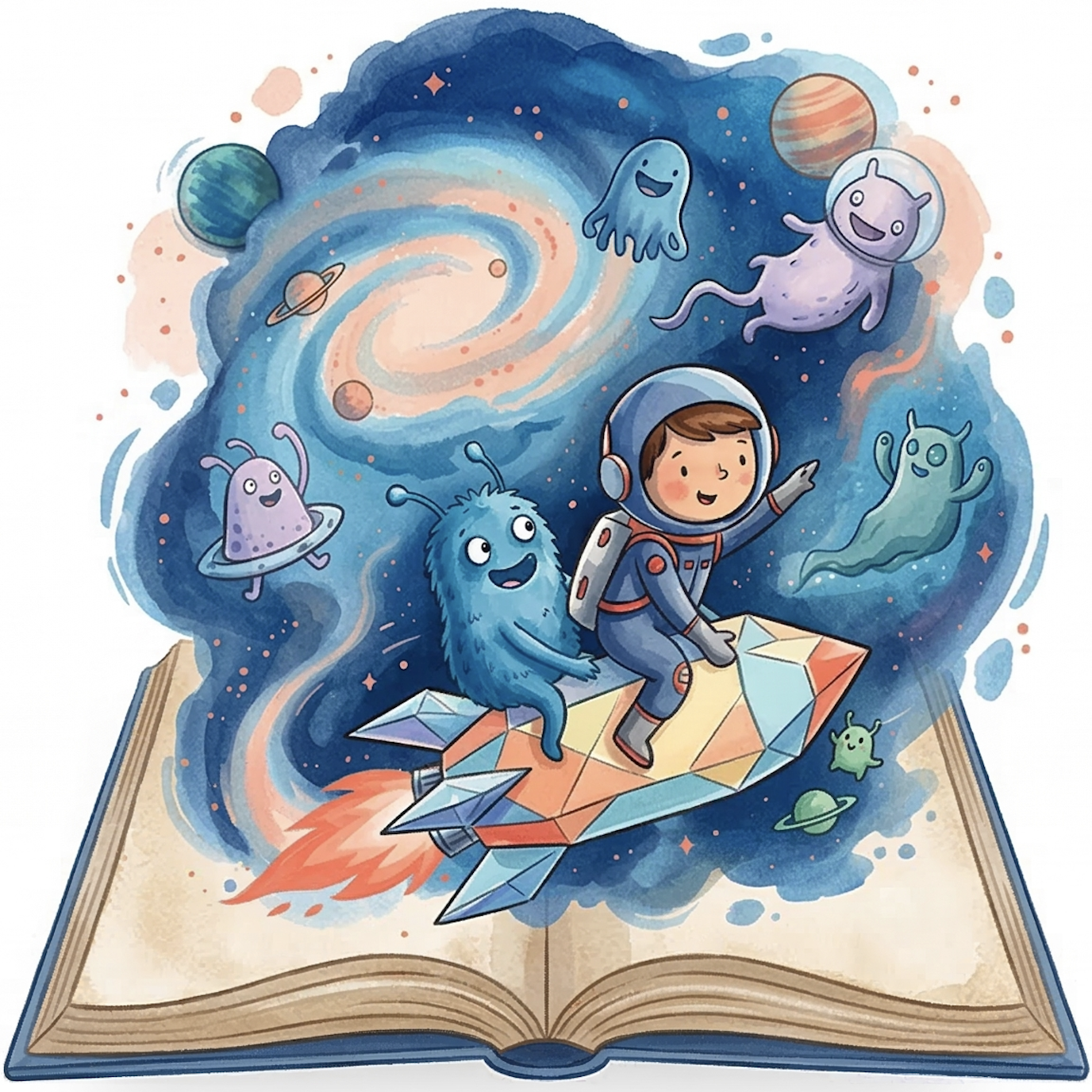 A child astronaut and a friendly alien riding a paper rocket out of an open storybook, surrounded by planets and stars