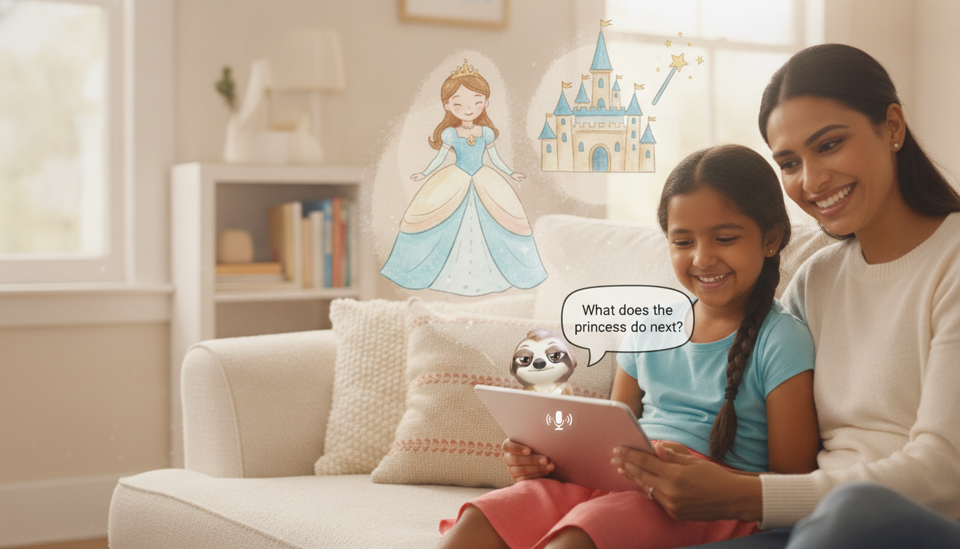 A child using HeyStori on a tablet while Stori the sloth helps build their story.