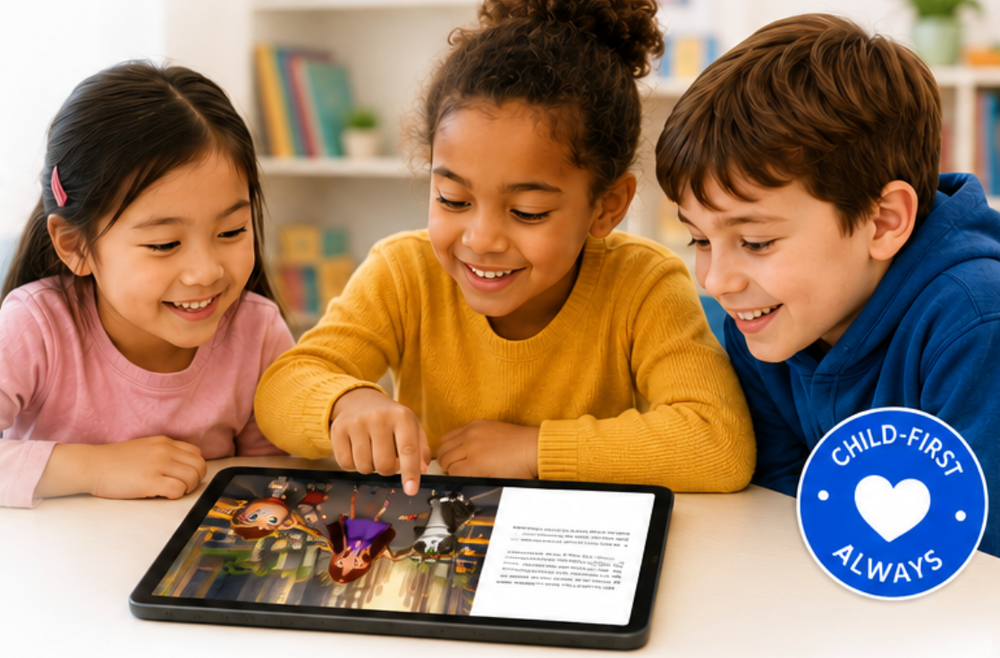 Three children gathered around a tablet, creating a story together.