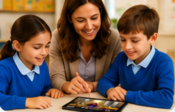 Two school children exploring a story together on a tablet.