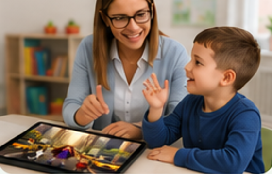 A speech and language therapist guiding a child through a story.