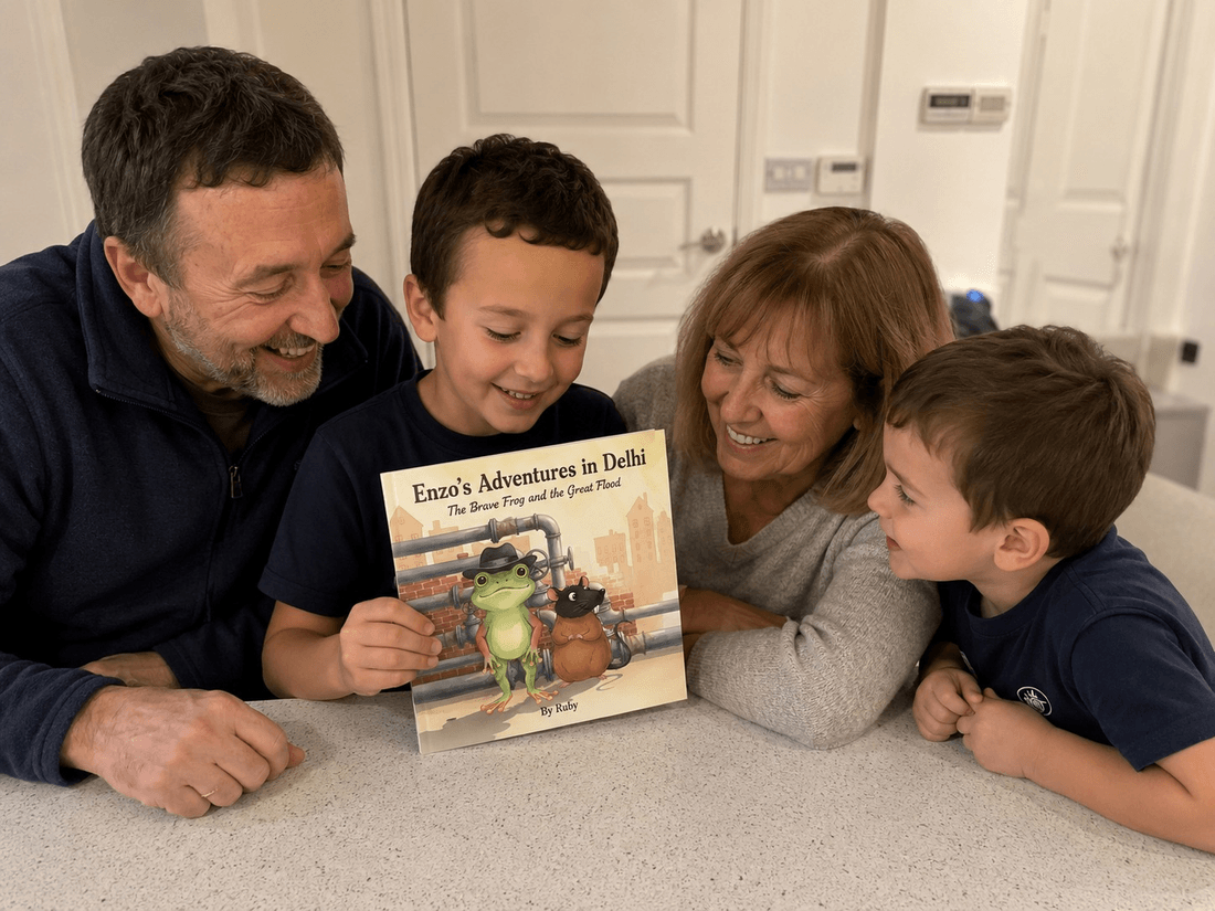A boy proudly holding up his finished HeyStori hardback, “Enzo’s Adventures in Delhi”, to his grandparents and little brother at the kitchen counter.