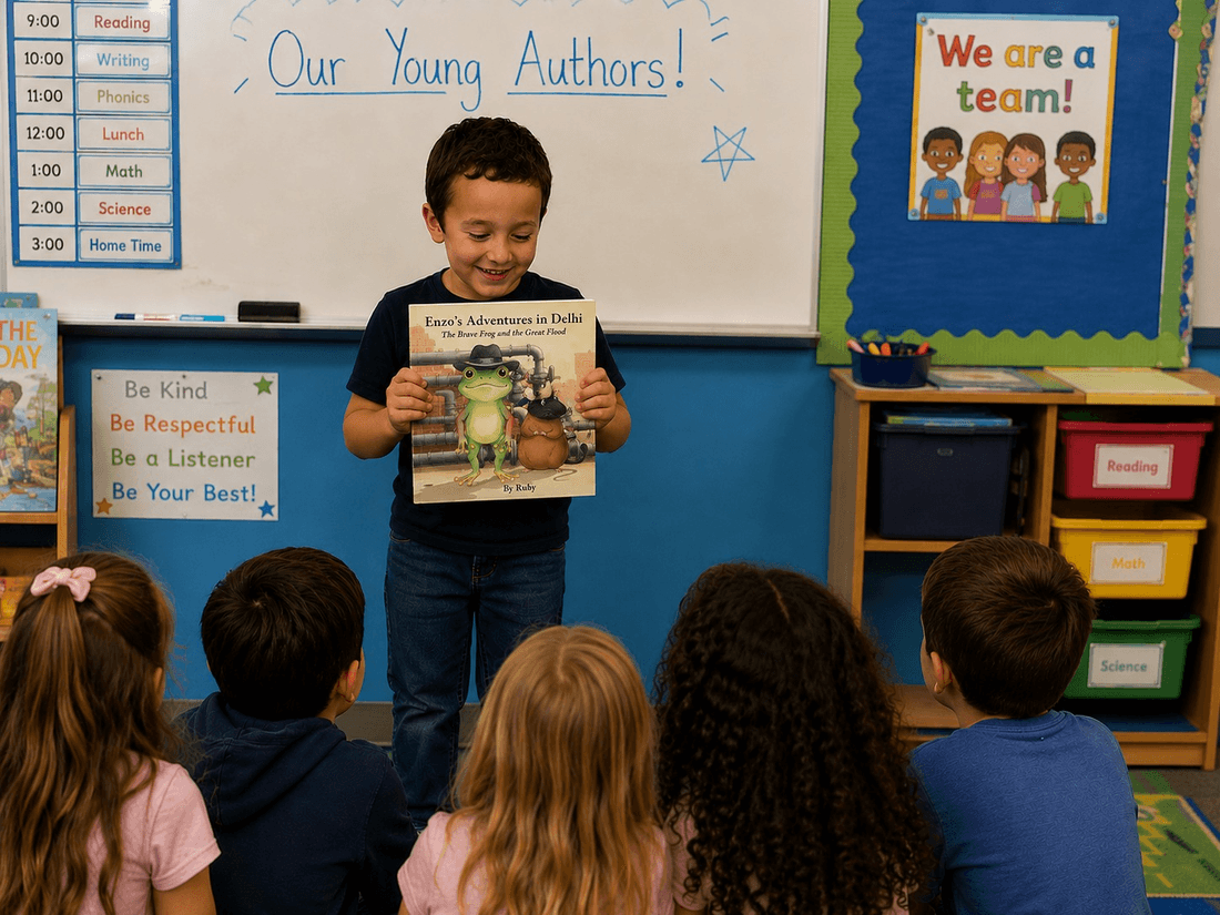 A boy presenting his finished HeyStori book to his classmates in front of an “Our Young Authors!” whiteboard.